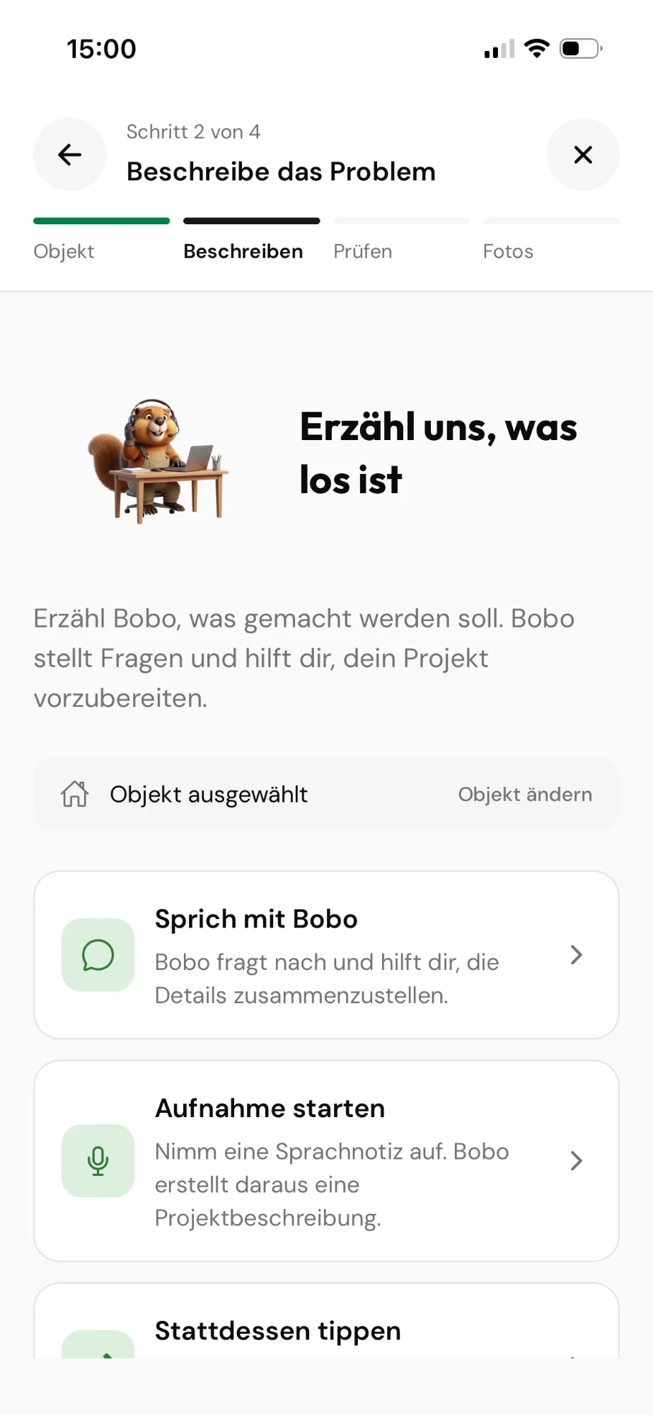 Baubiber App – Projekt mit Bobo beschreiben