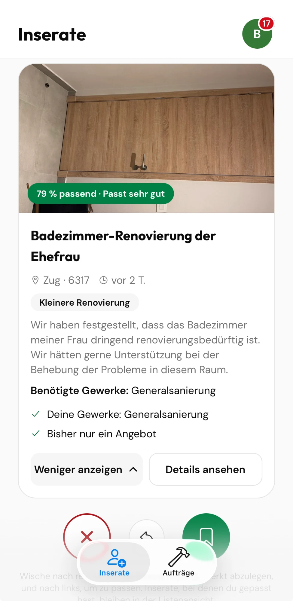 Baubiber App – Inserate mit Matching-Score und Projektdetails